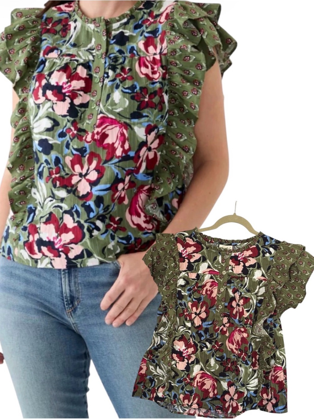 Wonderly Olive Green Floral Flutter Sleeve Blouse Peasant Boho Cottagecore Sz M